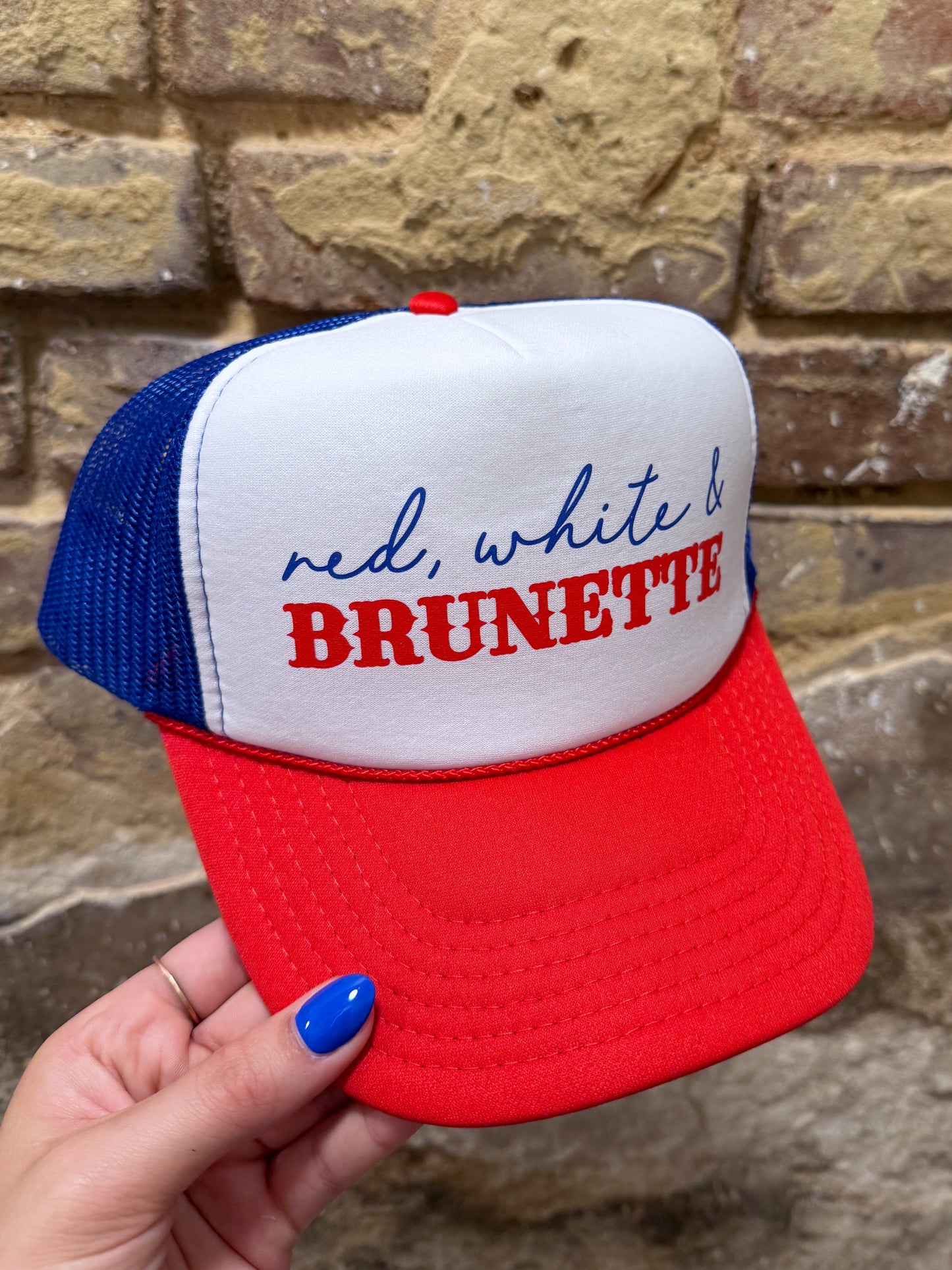 Red White & Brunette Trucker Hat