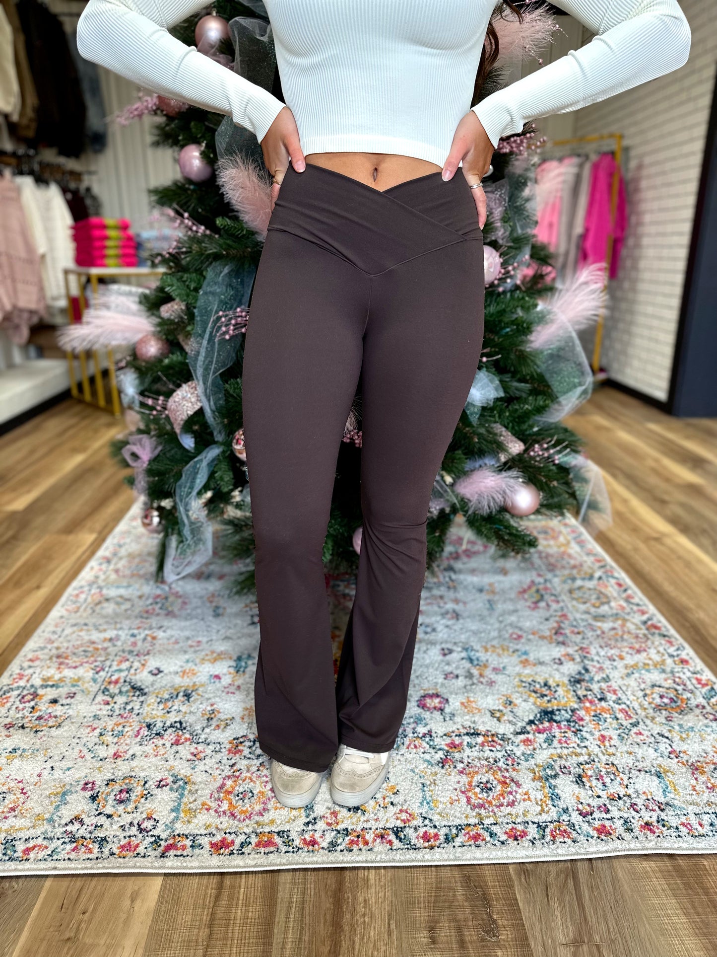 Crossover Flare Leggings - Brown