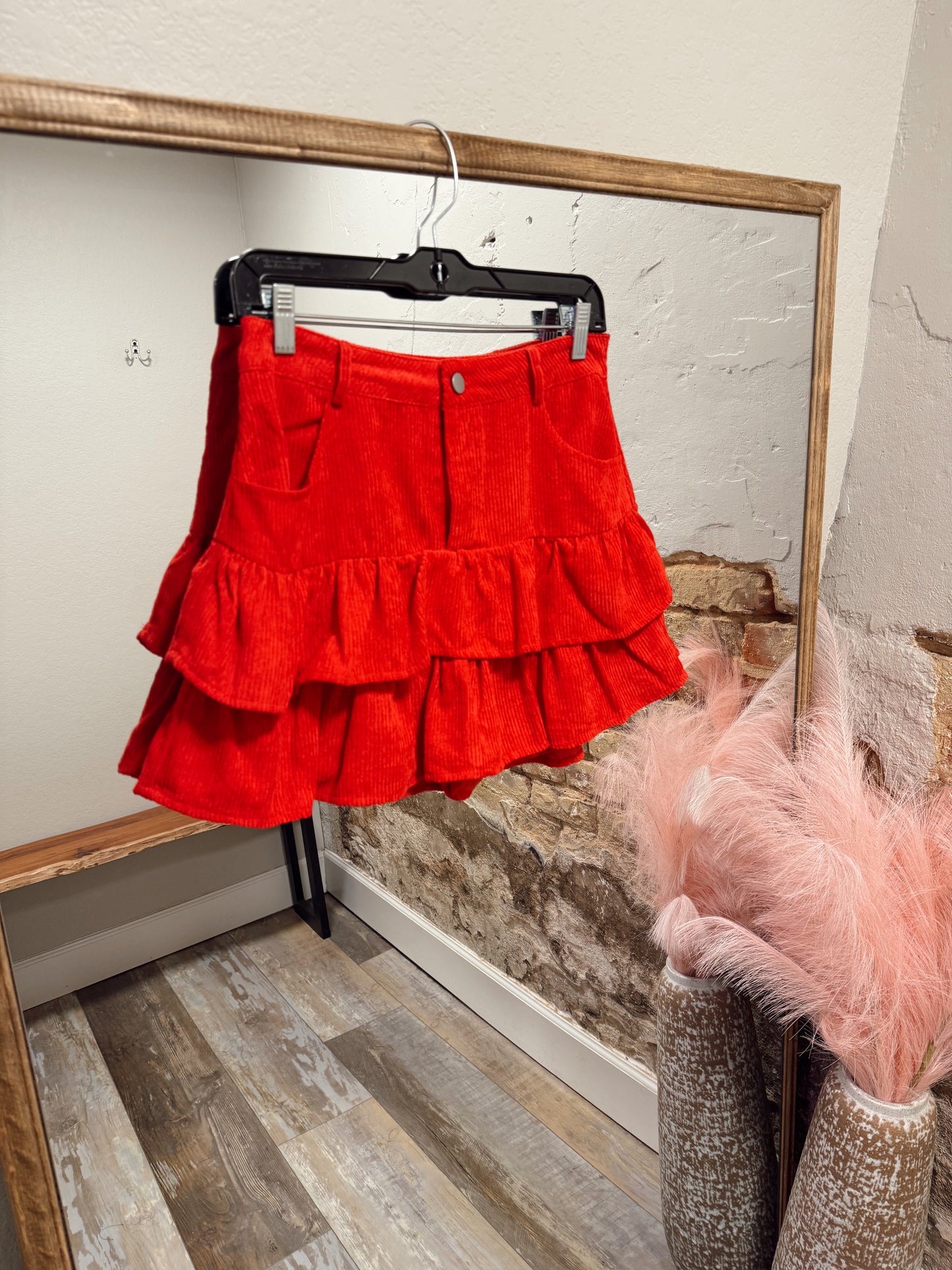 Ruffle Corduroy Skirt - Red