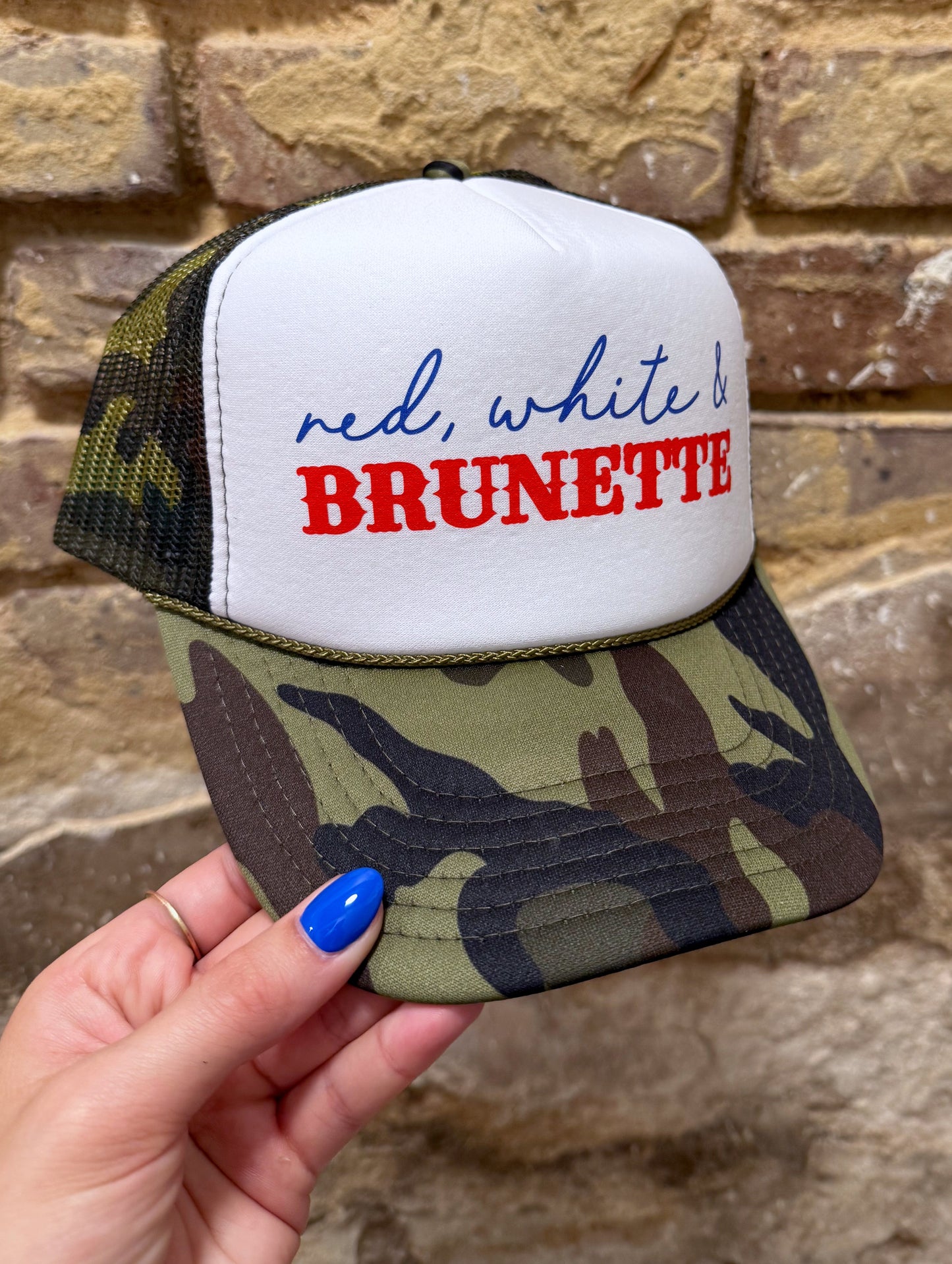 Red White & Brunette Trucker Hat