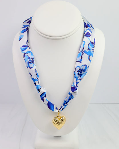Scarf Charm Necklace - Blue/White Floral