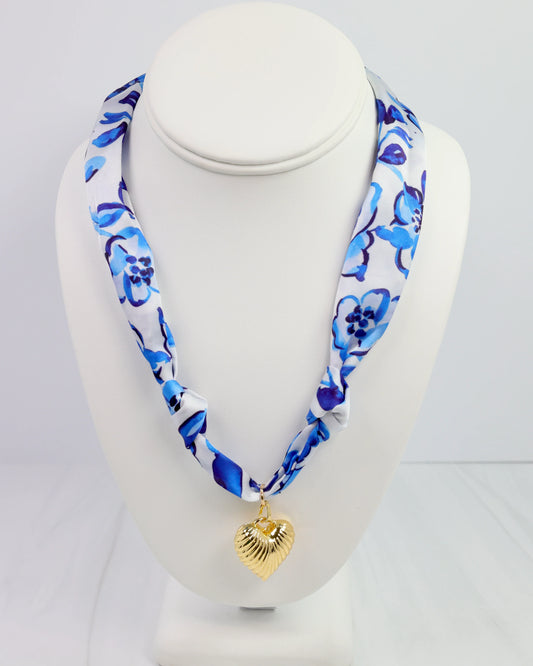 Scarf Charm Necklace - Blue/White Floral