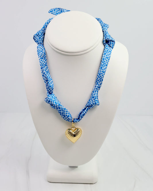 Scarf Charm Necklace - Blue/White Geo