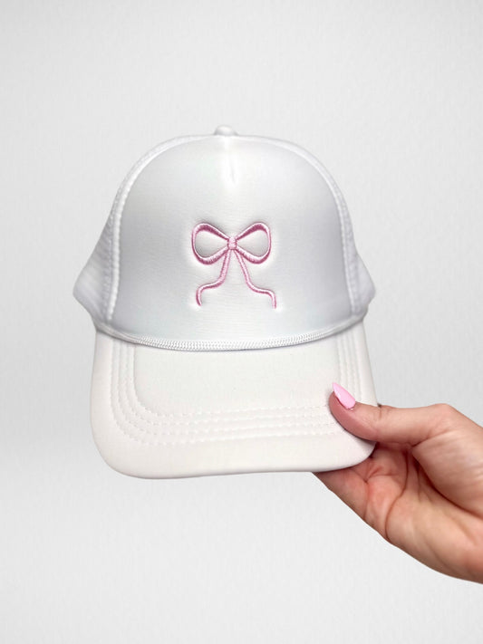 Embroidered Bow Trucker Hat - White