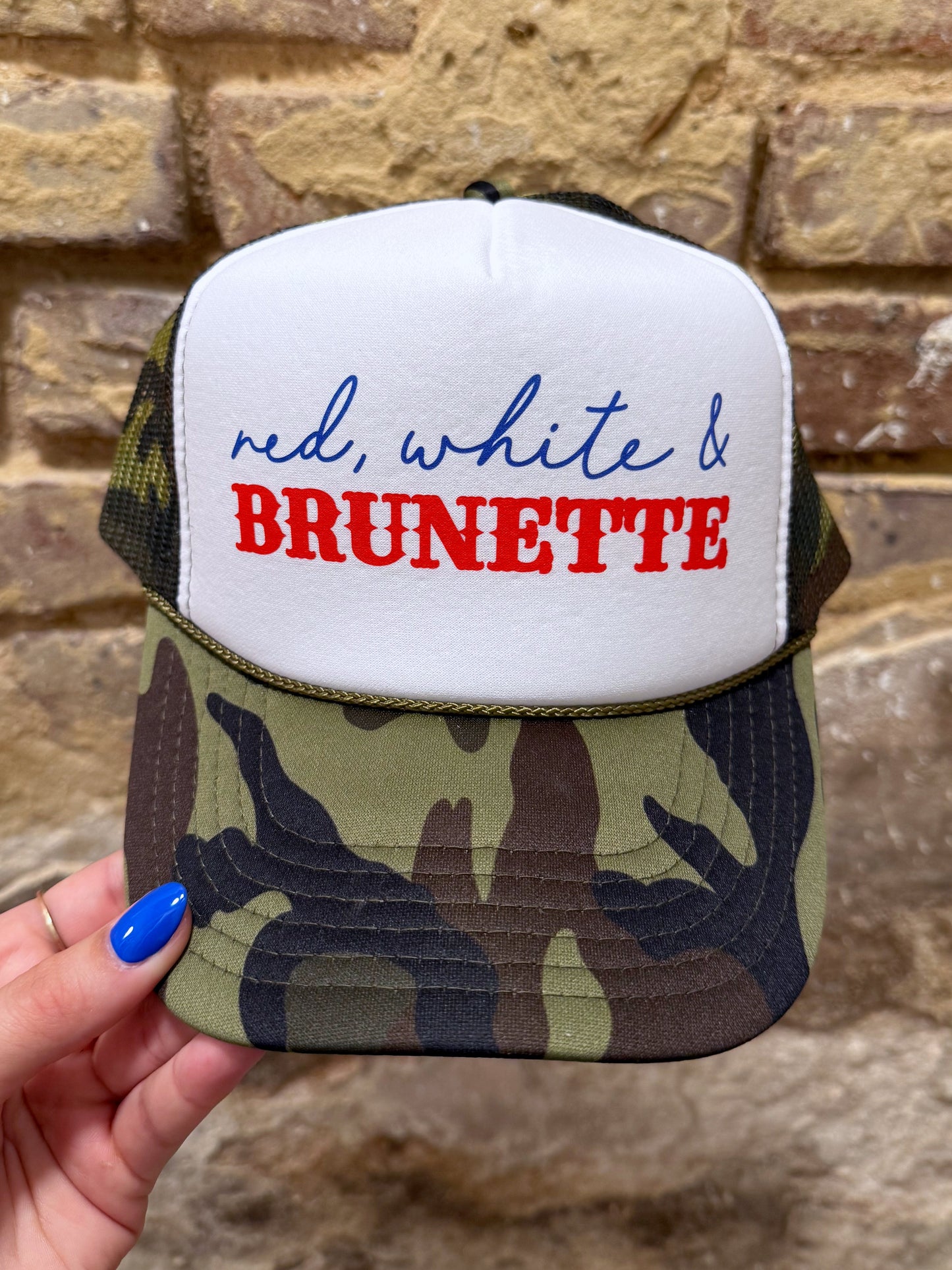 Red White & Brunette Trucker Hat