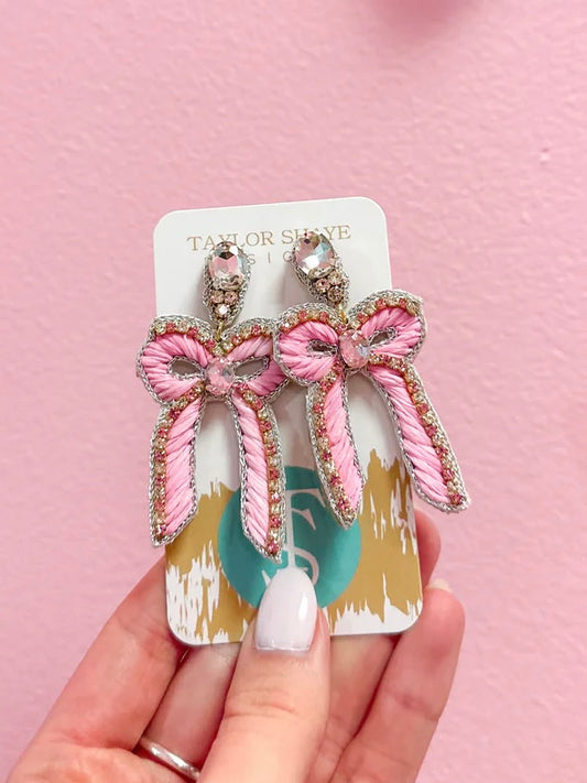 Beaded Bow Drops - Baby Pink