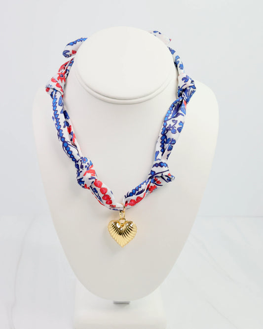 Scarf Charm Necklace - Navy/Red Floral
