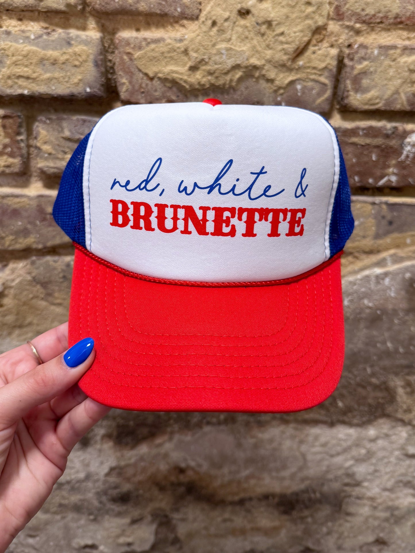 Red White & Brunette Trucker Hat
